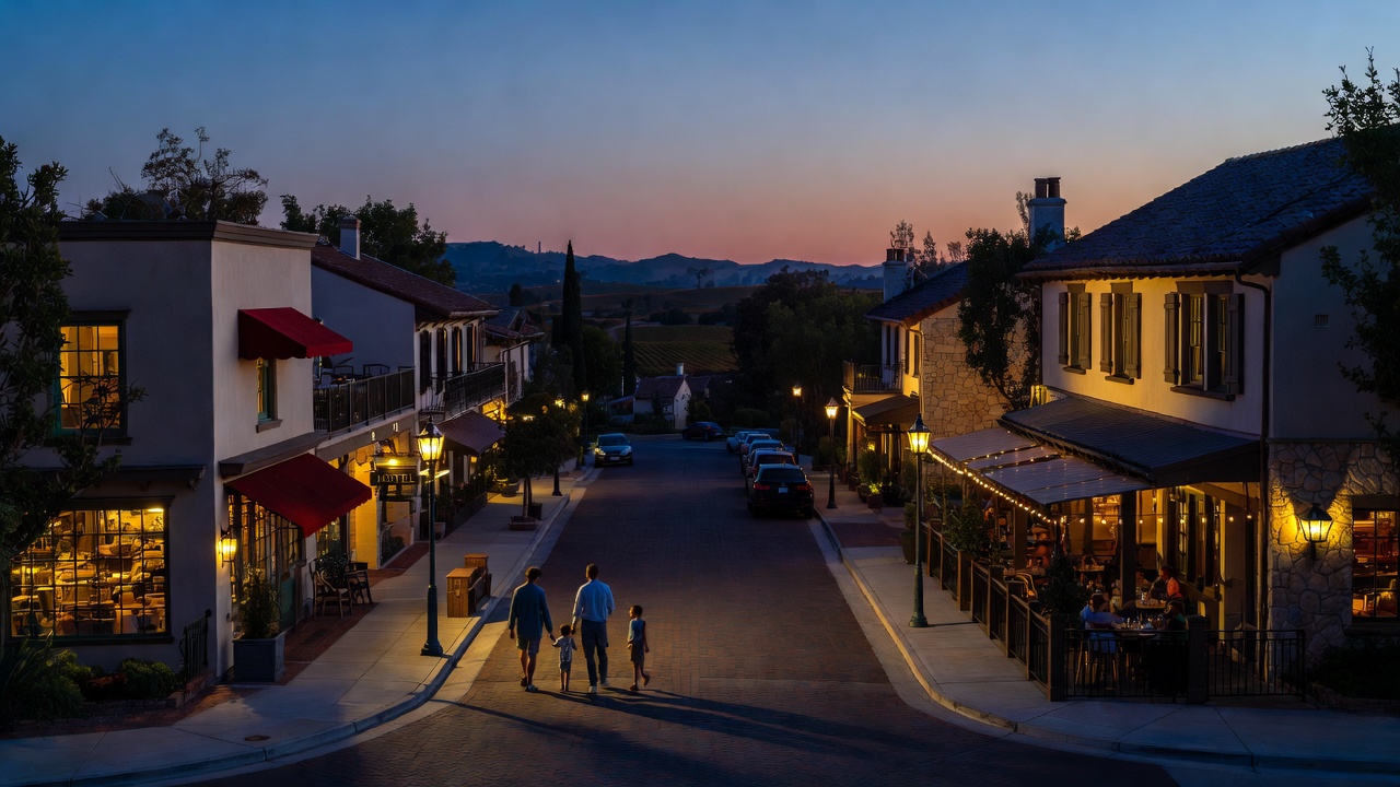 Family walking through Yountville Napa Valley in early evening near boutique hotels and restaurants during an annual legacy travel trip.
