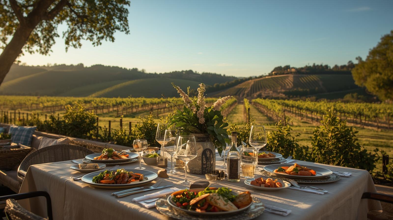 Outdoor farm-to-table dining experience in Yountville Napa Valley featuring seasonal dishes sourced from local farms with vineyard views in the background.
