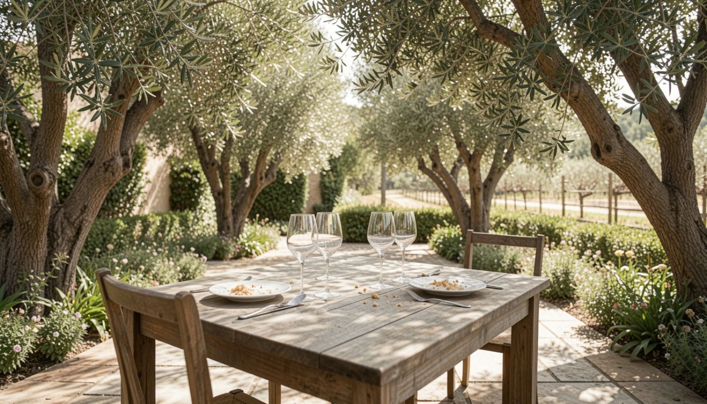 Garden patio in Yountville Napa Valley with wooden table under olive trees and soft afternoon light for a relaxed outdoor lunch.