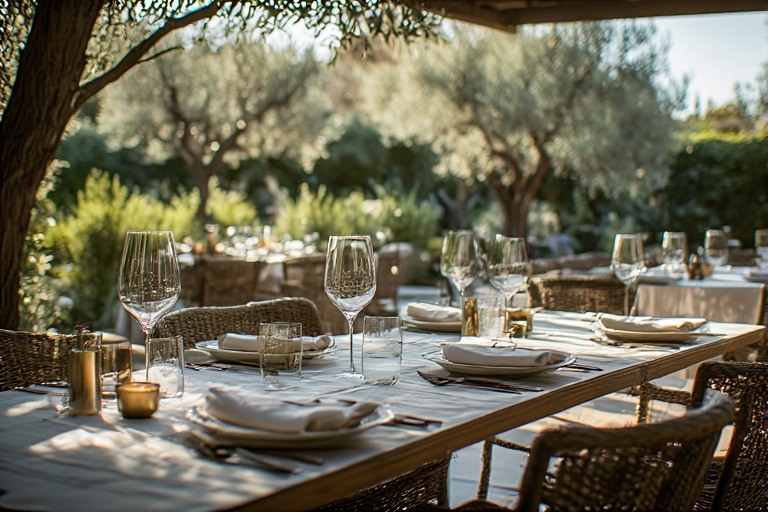 Outdoor garden dining table in Yountville Napa Valley with natural linens and soft afternoon light representing slow dining and understated luxury travel experiences.