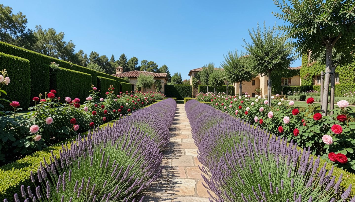 Lavender and heritage roses lining a garden path in Yountville Napa Valley during early summer with manicured hedges and Mediterranean landscaping.