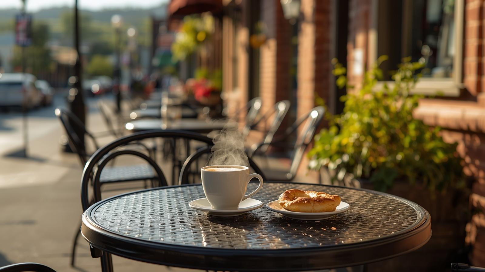 Morning coffee and pastry on an outdoor café table in Yountville, Napa Valley, illustrating a slow travel ritual and peaceful start to the day in wine country.
