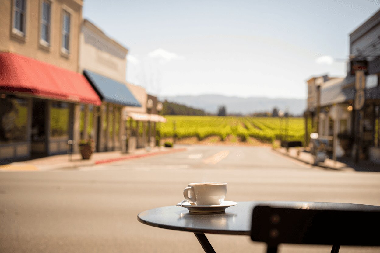 Quiet morning on Washington Street in Yountville with coffee shop patio and soft early sunlight before Napa Valley crowds arrive.