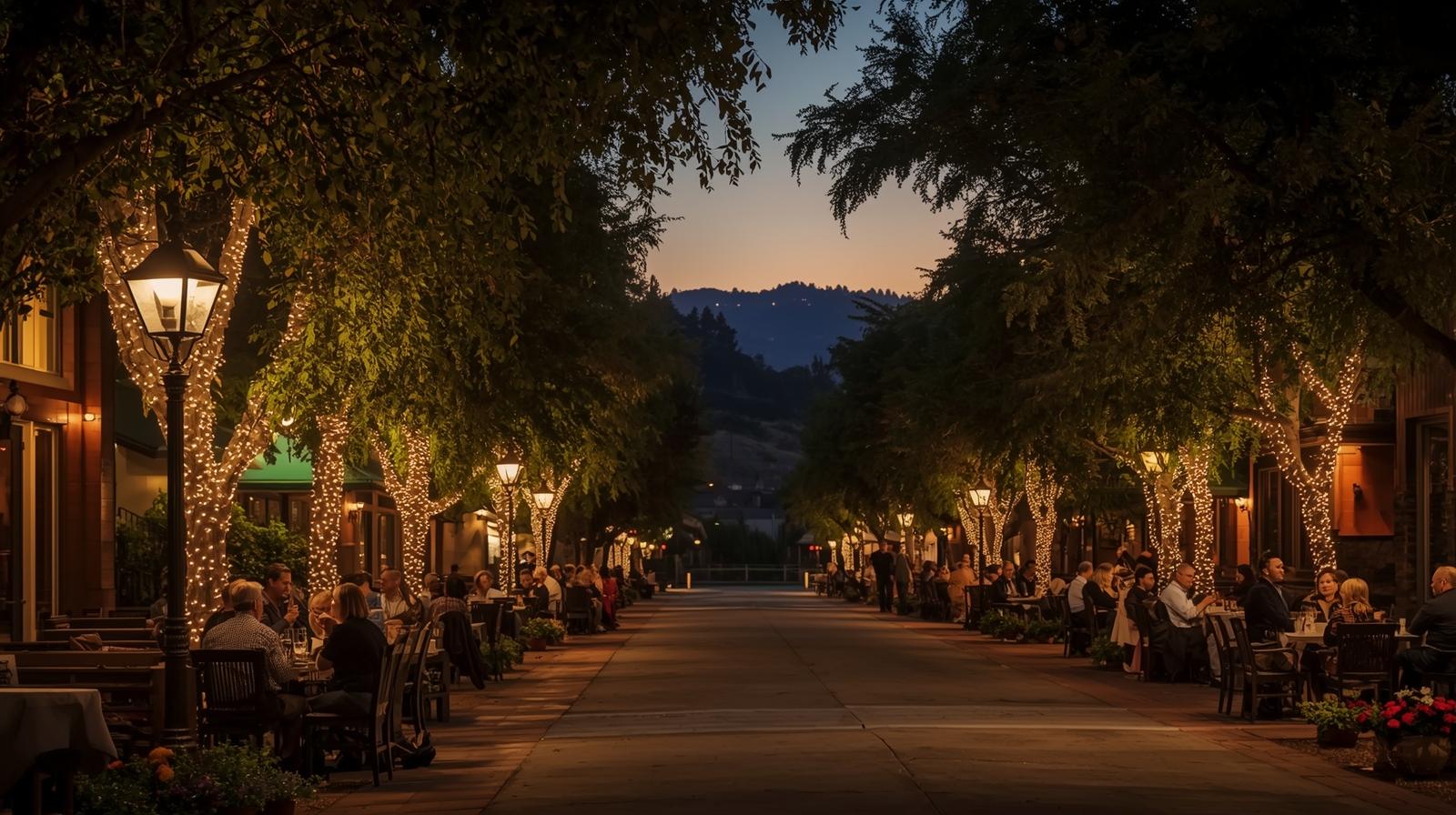 Evening dining scene along Washington Street in Yountville Napa Valley with softly lit restaurant patios, illustrating Napa Valley culinary culture and food identity.
