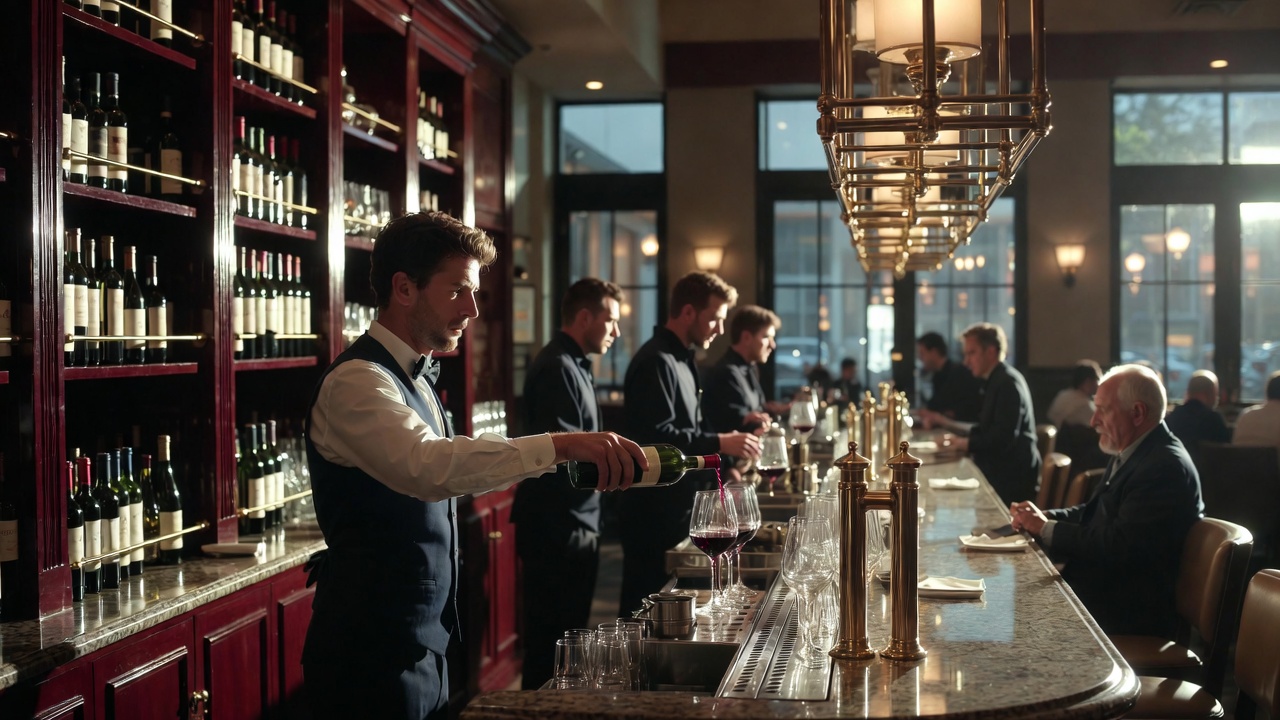 Sommelier pouring red wine at a Yountville restaurant bar in Napa Valley while servers move in coordinated service during early evening light.
