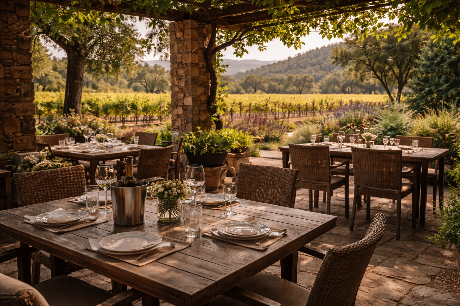 Outdoor patio dining in Yountville Napa Valley with garden and vineyard views, showing a food focused afternoon experience popular with Contra Costa travelers.
