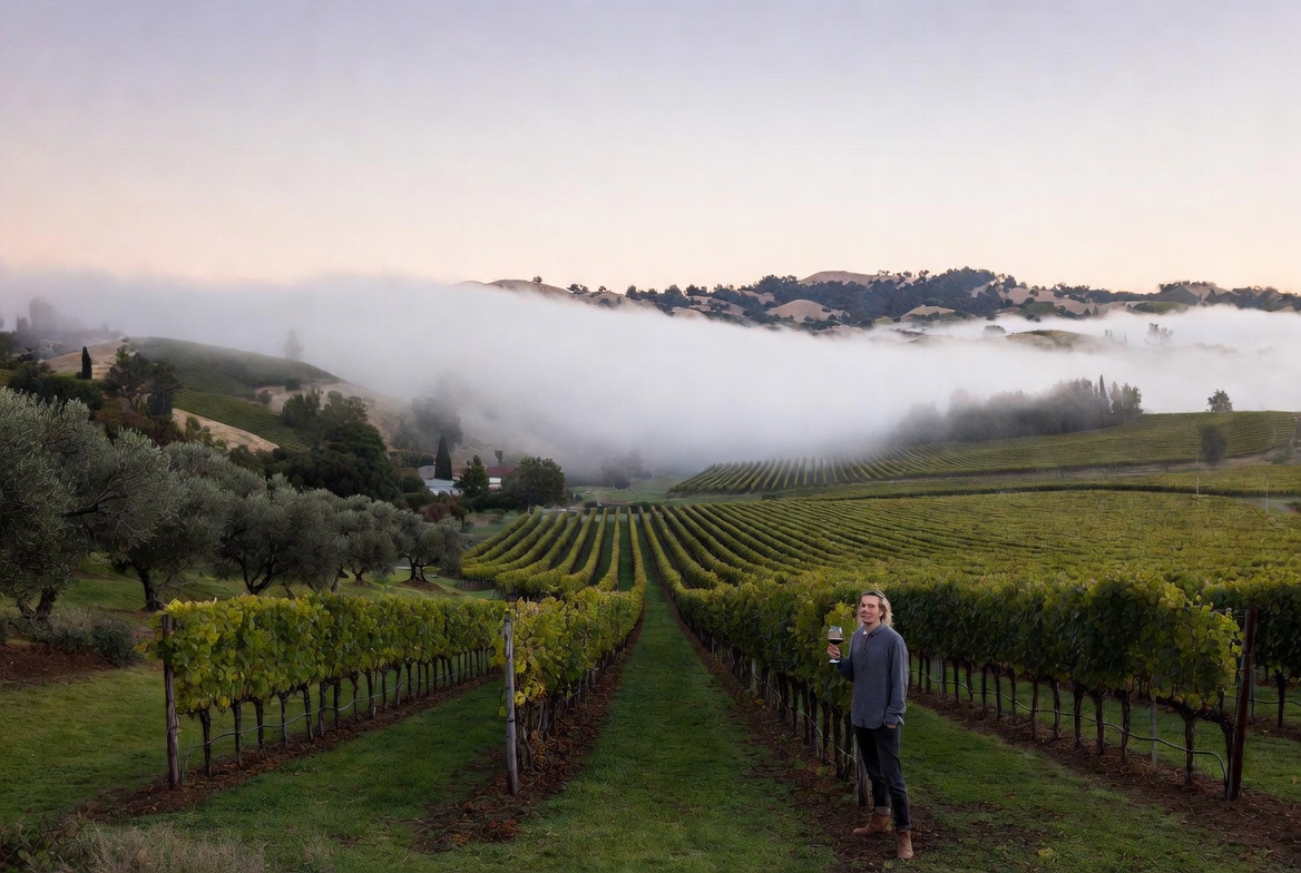 Guest walking through vineyard rows in Yountville Napa Valley during morning fog with a glass of red wine and olive trees nearby.